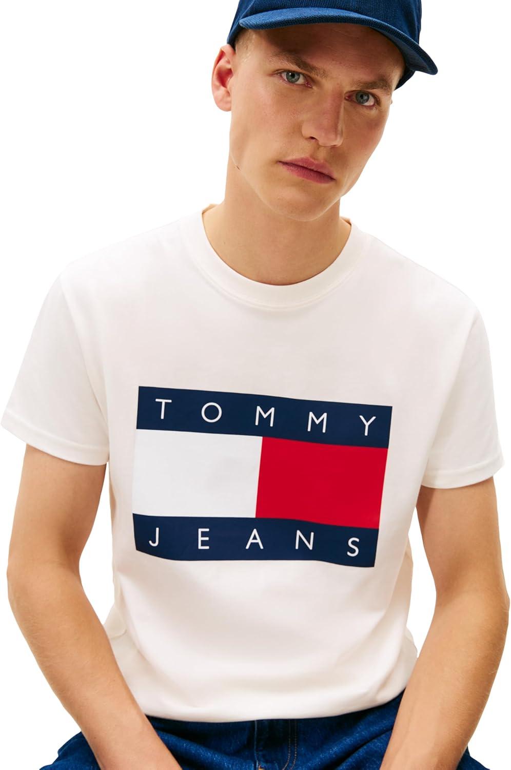 imageTommy Jeans Mens Short Sleeve Cotton Graphic TShirts with Big Flag Logo DesignAncient White