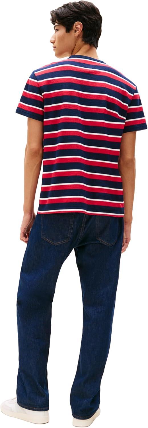 imageTommy Jeans Mens Short Sleeve Cotton Striped TShirts with Embroidered Script LogoDark Night Navy Multi