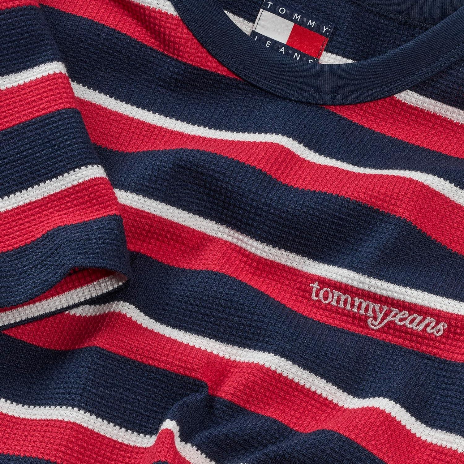 imageTommy Jeans Mens Short Sleeve Cotton Striped TShirts with Embroidered Script LogoDark Night Navy Multi