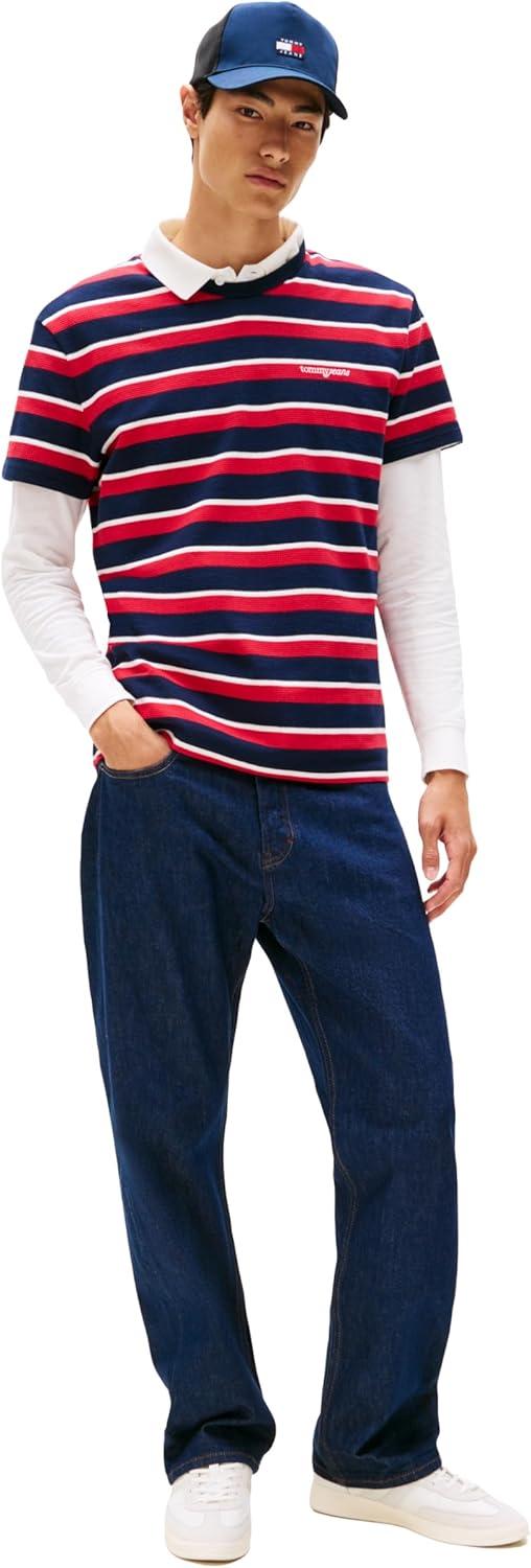 imageTommy Jeans Mens Short Sleeve Cotton Striped TShirts with Embroidered Script LogoDark Night Navy Multi