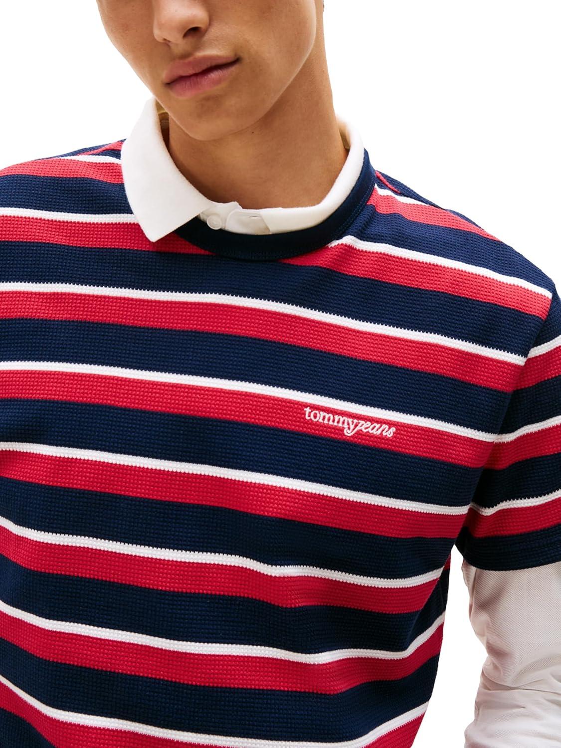 imageTommy Jeans Mens Short Sleeve Cotton Striped TShirts with Embroidered Script LogoDark Night Navy Multi