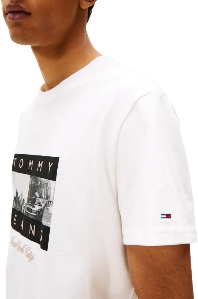 imageTommy Jeans Mens Short Sleeve Cotton TShirts with Printed Photo GraphicEcru