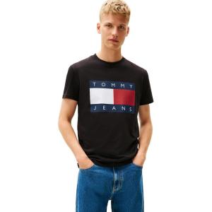 Tommy Jeans Men’s Short Sleeve Cotton Graphic T-Shirts with Big Flag Logo Design(Black)