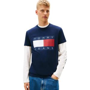 Tommy Jeans Men’s Short Sleeve Cotton Graphic T-Shirts with Big Flag Logo Design(Dark Night Navy)