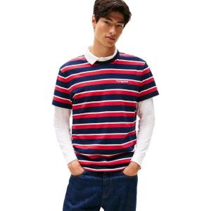 Tommy Jeans Men’s Short Sleeve Cotton Striped T-Shirts with Embroidered Script Logo(Dark Night Navy Multi)