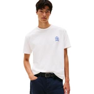 Tommy Jeans Men’s Short Sleeve Cotton T-Shirts with Printed Crest Logo(Ecru)