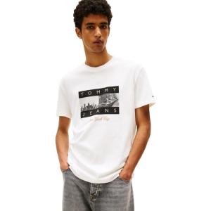 Tommy Jeans Men’s Short Sleeve Cotton T-Shirts with Printed Photo Graphic(Ecru)