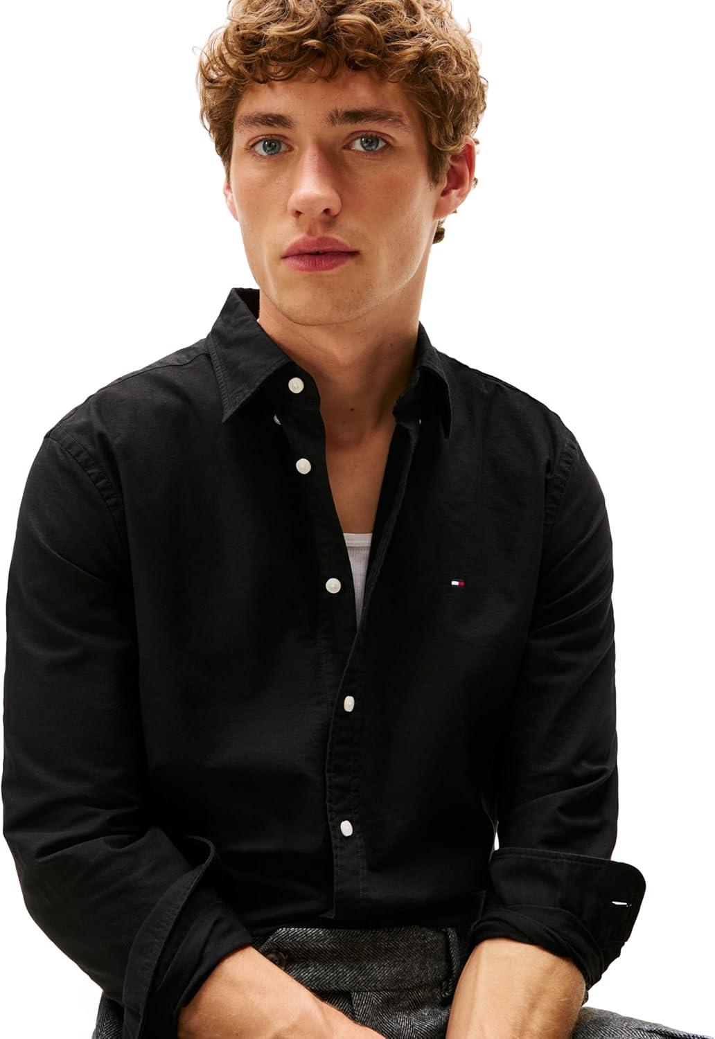 imageTommy Hilfiger Mens Heritage Oxford Solid Regular Long Sleeve ShirtsBlack Black Solid