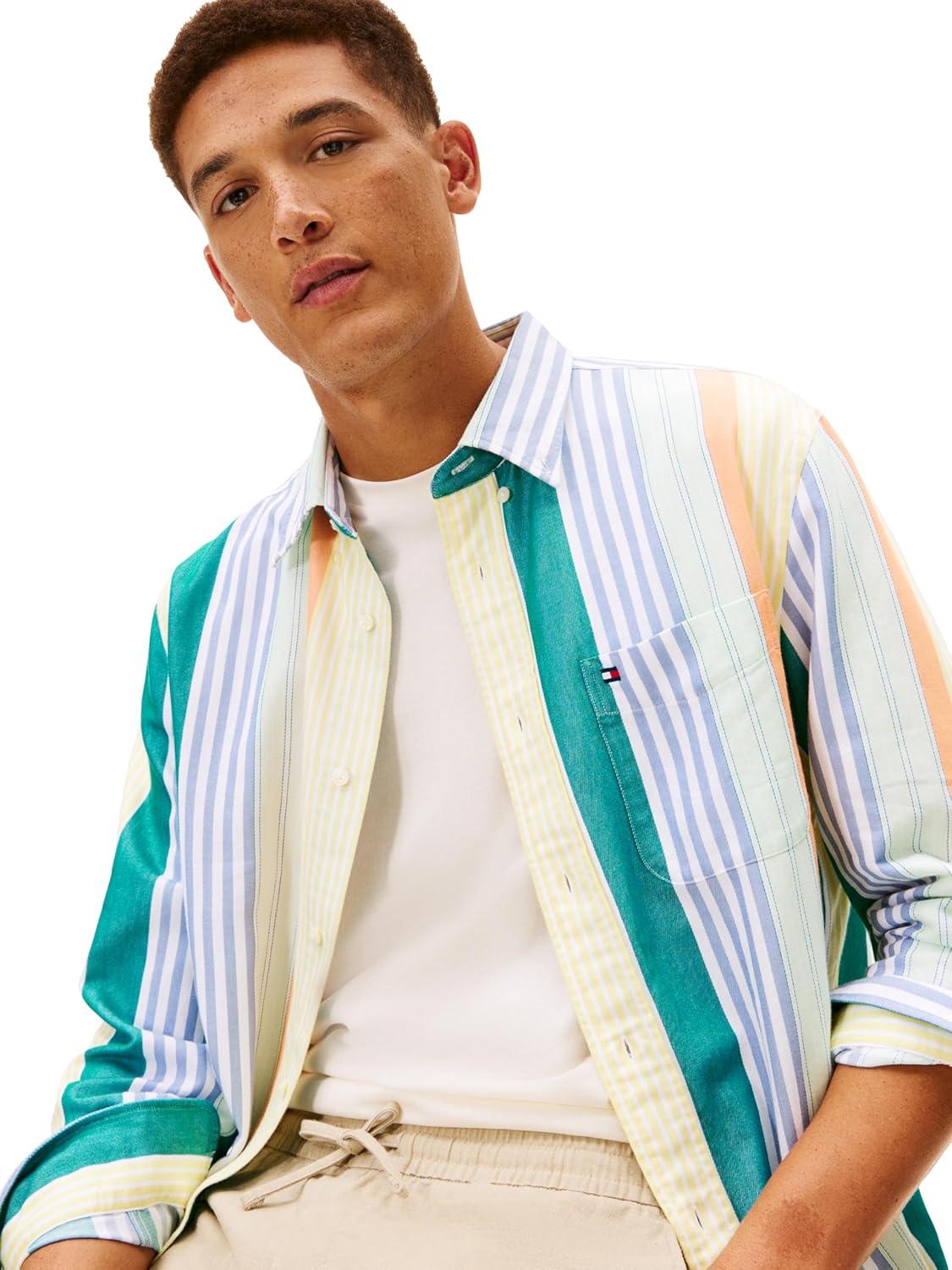 imageTommy Hilfiger Mens Heritage Oxford Solid Regular Long Sleeve ShirtsCitronella Multi Stripe