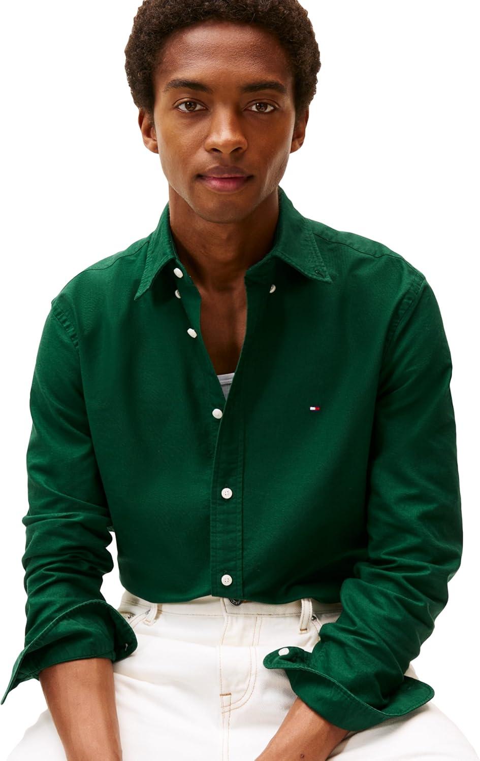 imageTommy Hilfiger Mens Heritage Oxford Solid Regular Long Sleeve ShirtsOrnamental Green Orn Green Solid