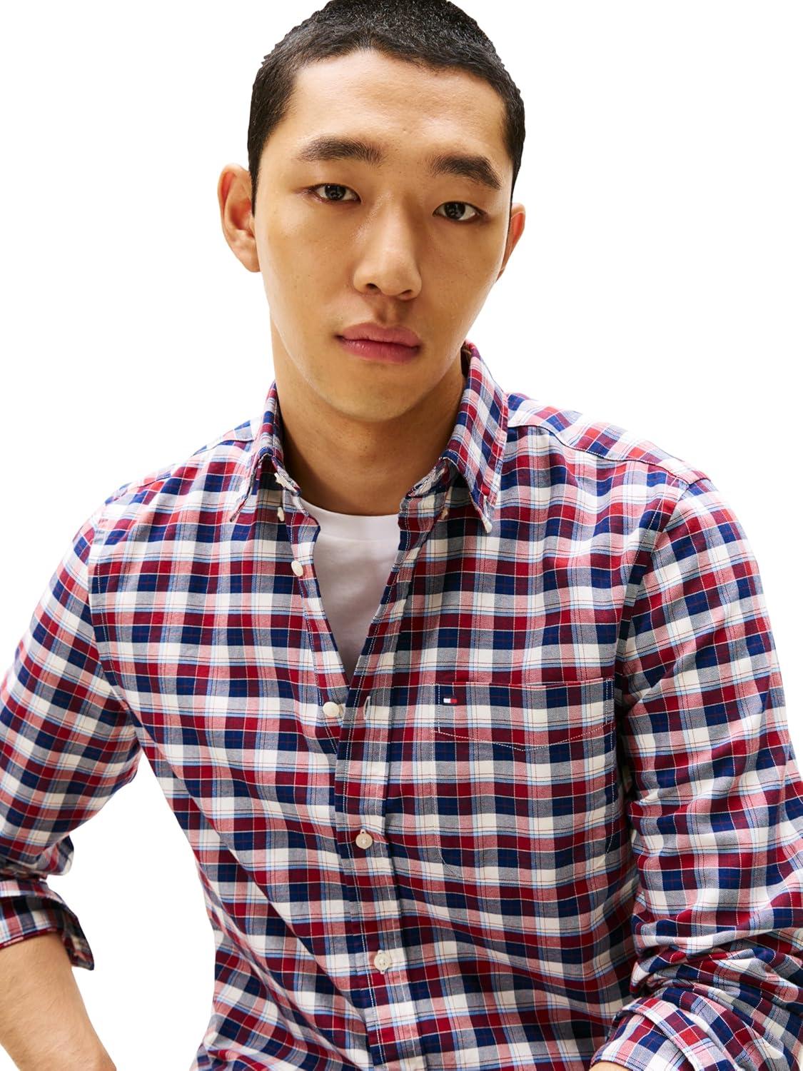 imageTommy Hilfiger Mens Heritage Oxford Solid Regular Long Sleeve ShirtsRegatta Red Navy Check
