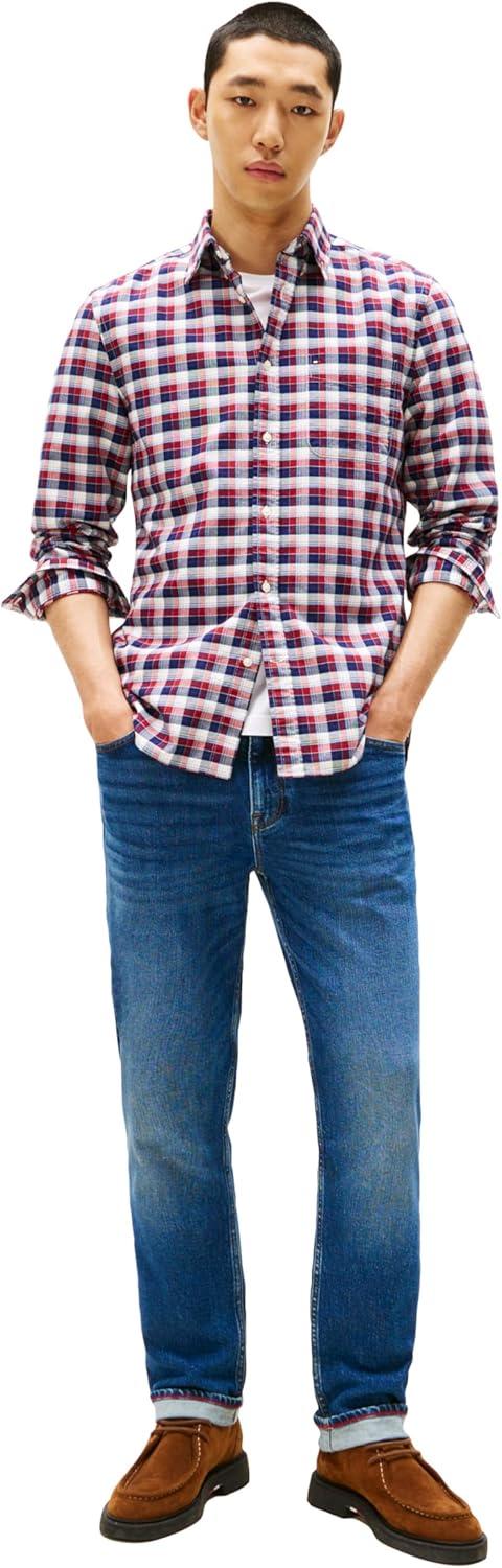 imageTommy Hilfiger Mens Heritage Oxford Solid Regular Long Sleeve ShirtsRegatta Red Navy Check