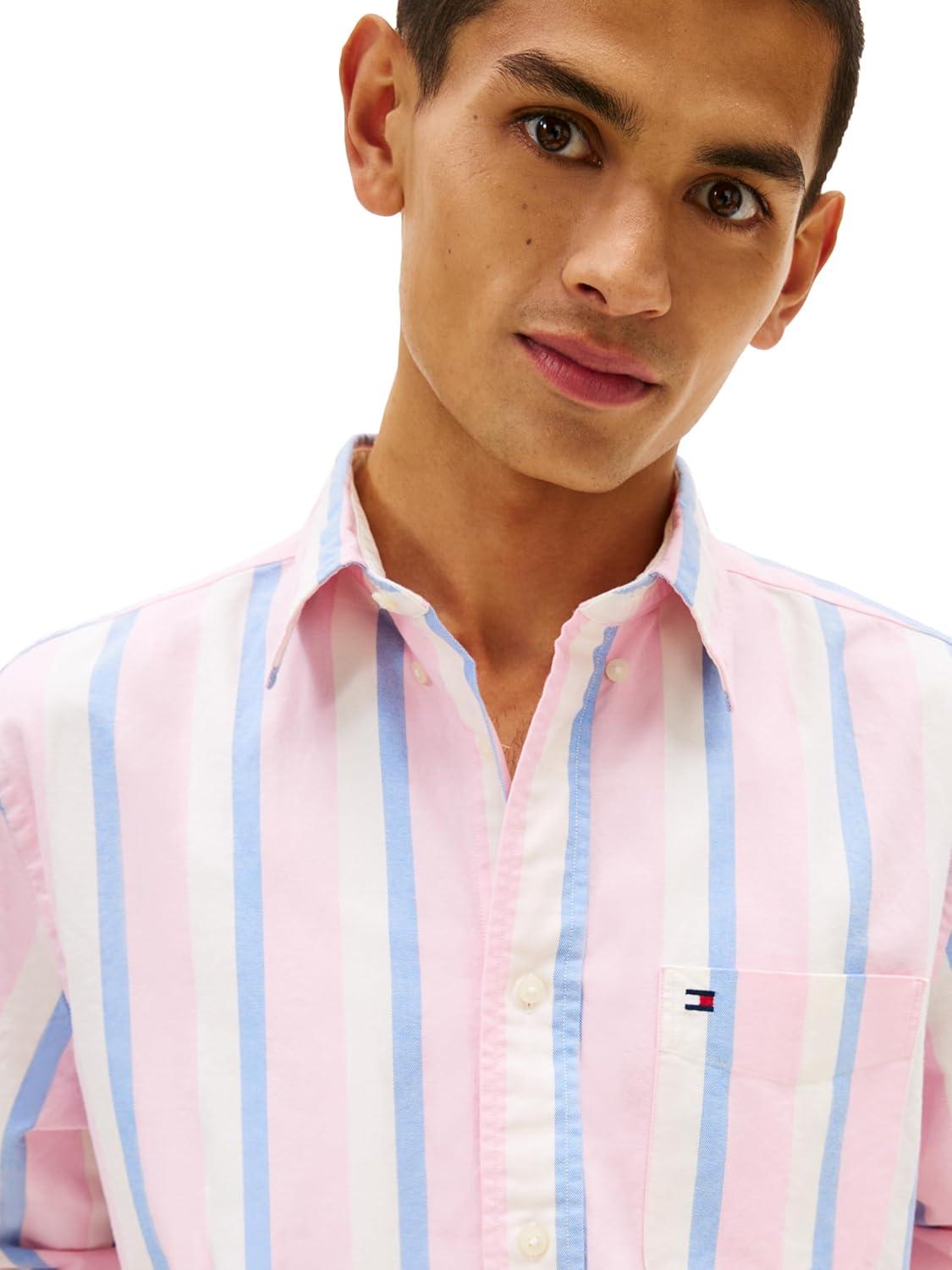 imageTommy Hilfiger Mens Heritage Oxford Solid Regular Long Sleeve ShirtsRose Petal Multi Stripe