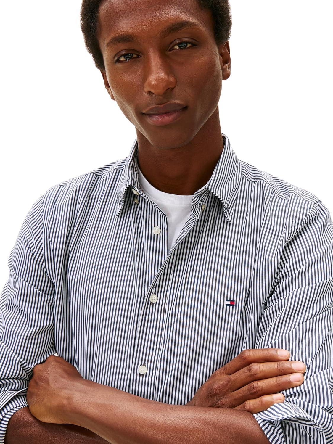 imageTommy Hilfiger Mens Long Sleeve Poplin Shirts in Regular Fit Mens Button Down Shirts Also Available in Big and TallBlack White