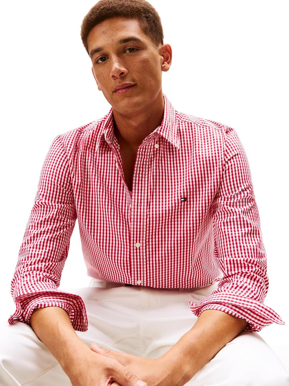 imageTommy Hilfiger Mens Long Sleeve Poplin Shirts in Regular Fit Mens Button Down Shirts Also Available in Big and TallMedium Red Gingham