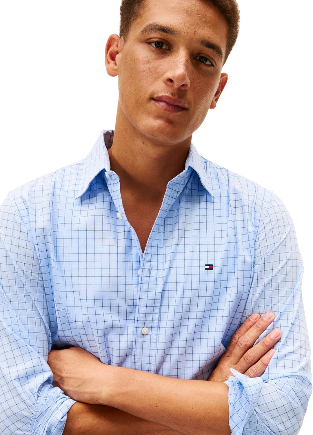 imageTommy Hilfiger Mens Long Sleeve Poplin Shirts in Regular Fit Mens Button Down Shirts Also Available in Big and TallSweet Blue Check