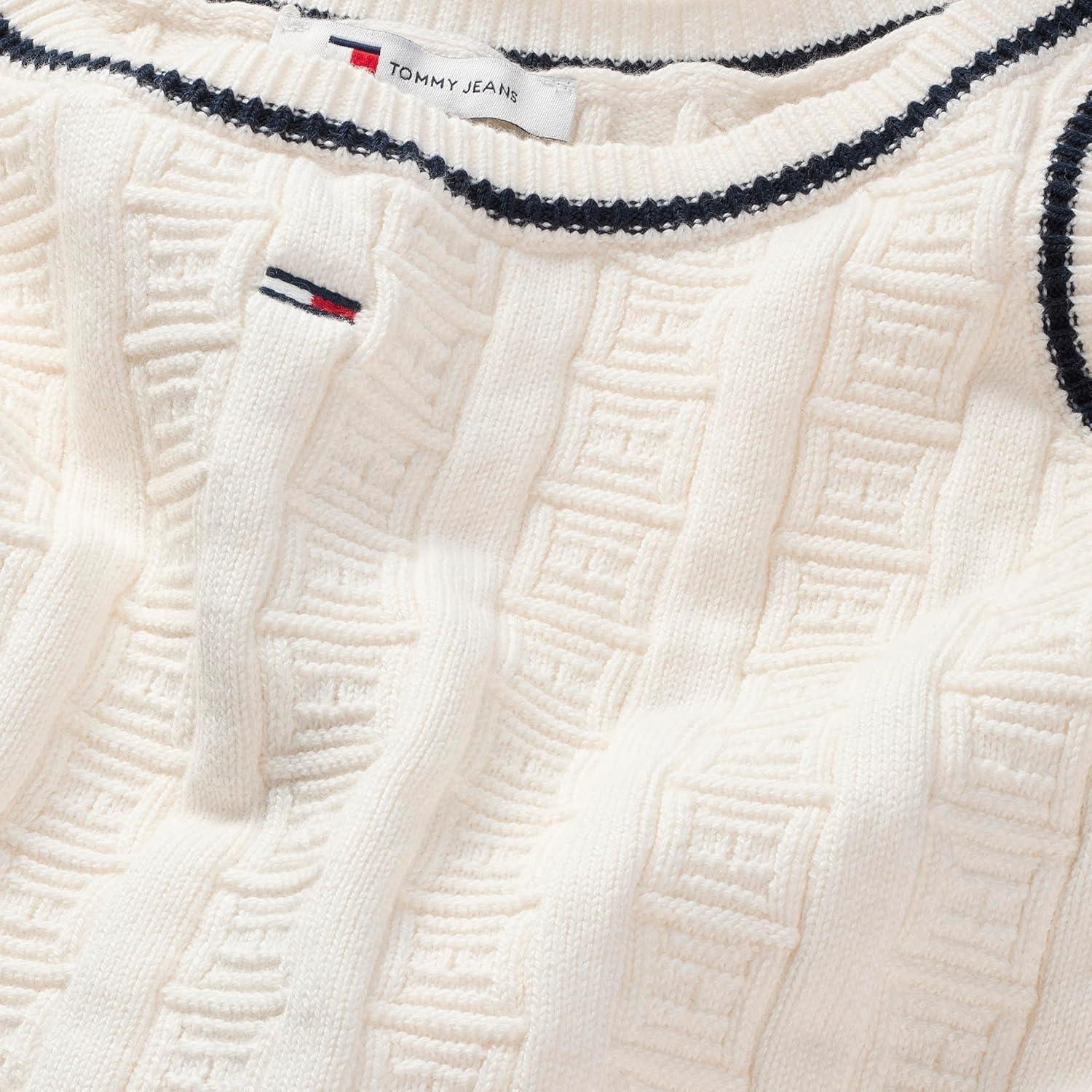 imageTommy Jeans Womens Cotton Cable Pullover Crewneck Tank Sweater with Knit Flag PrintAncient White