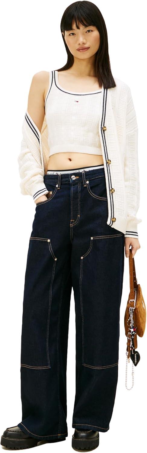 imageTommy Jeans Womens Cotton Cable Pullover Crewneck Tank Sweater with Knit Flag PrintAncient White