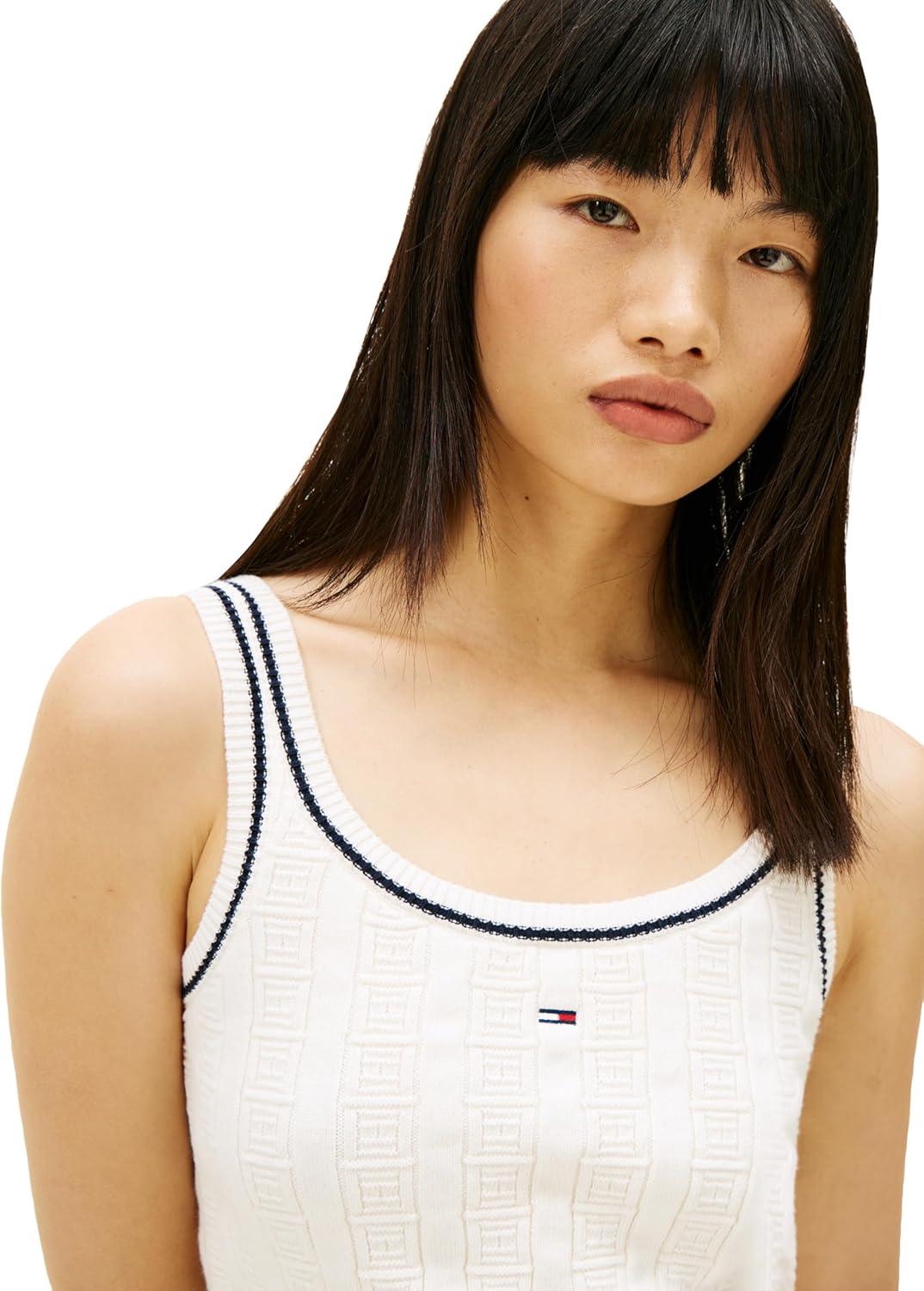imageTommy Jeans Womens Cotton Cable Pullover Crewneck Tank Sweater with Knit Flag PrintAncient White