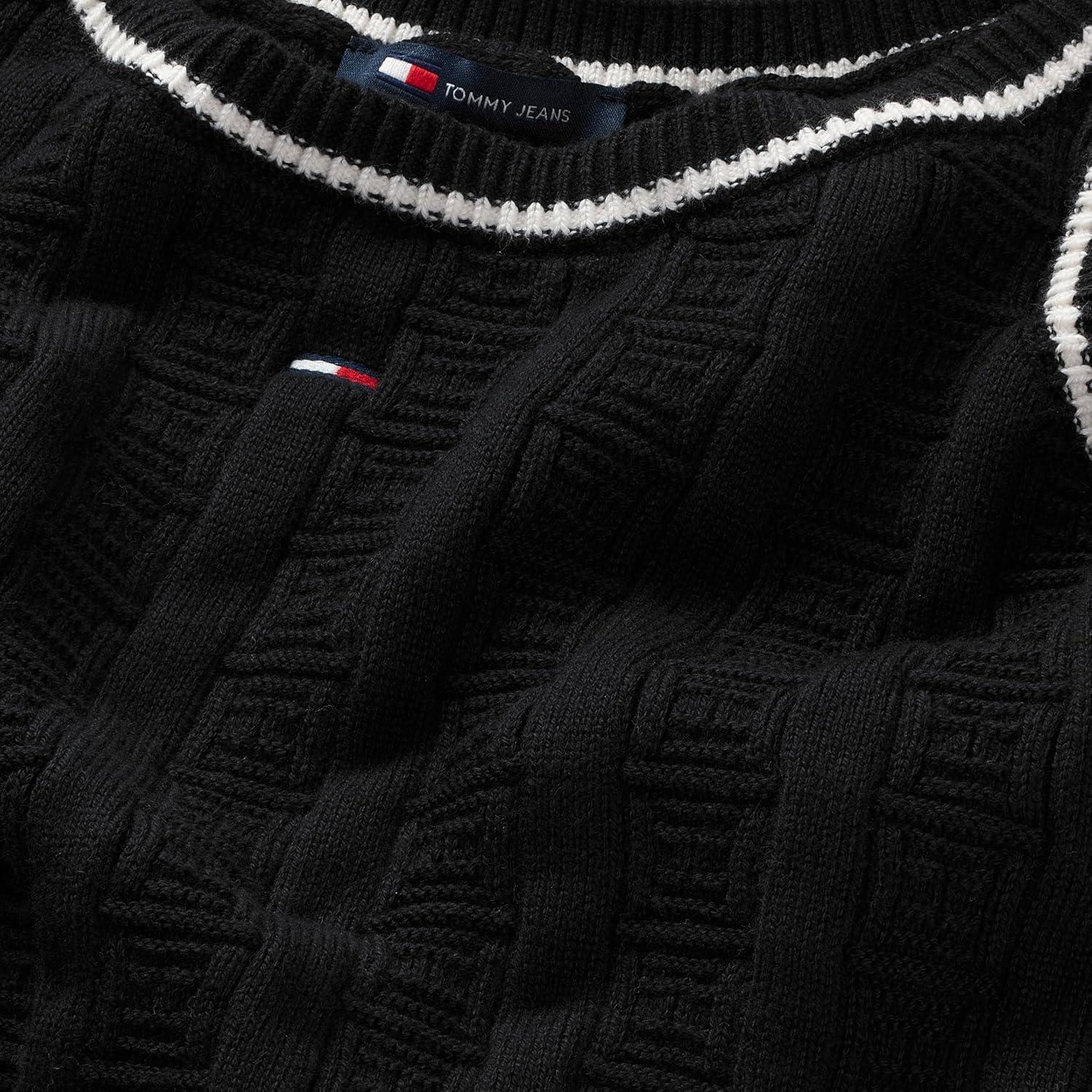 imageTommy Jeans Womens Cotton Cable Pullover Crewneck Tank Sweater with Knit Flag PrintBlack