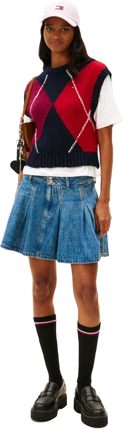 imageTommy Jeans Womens Denim Pleated Mini Skirt with Embroidered Flag LogoDenim Medium