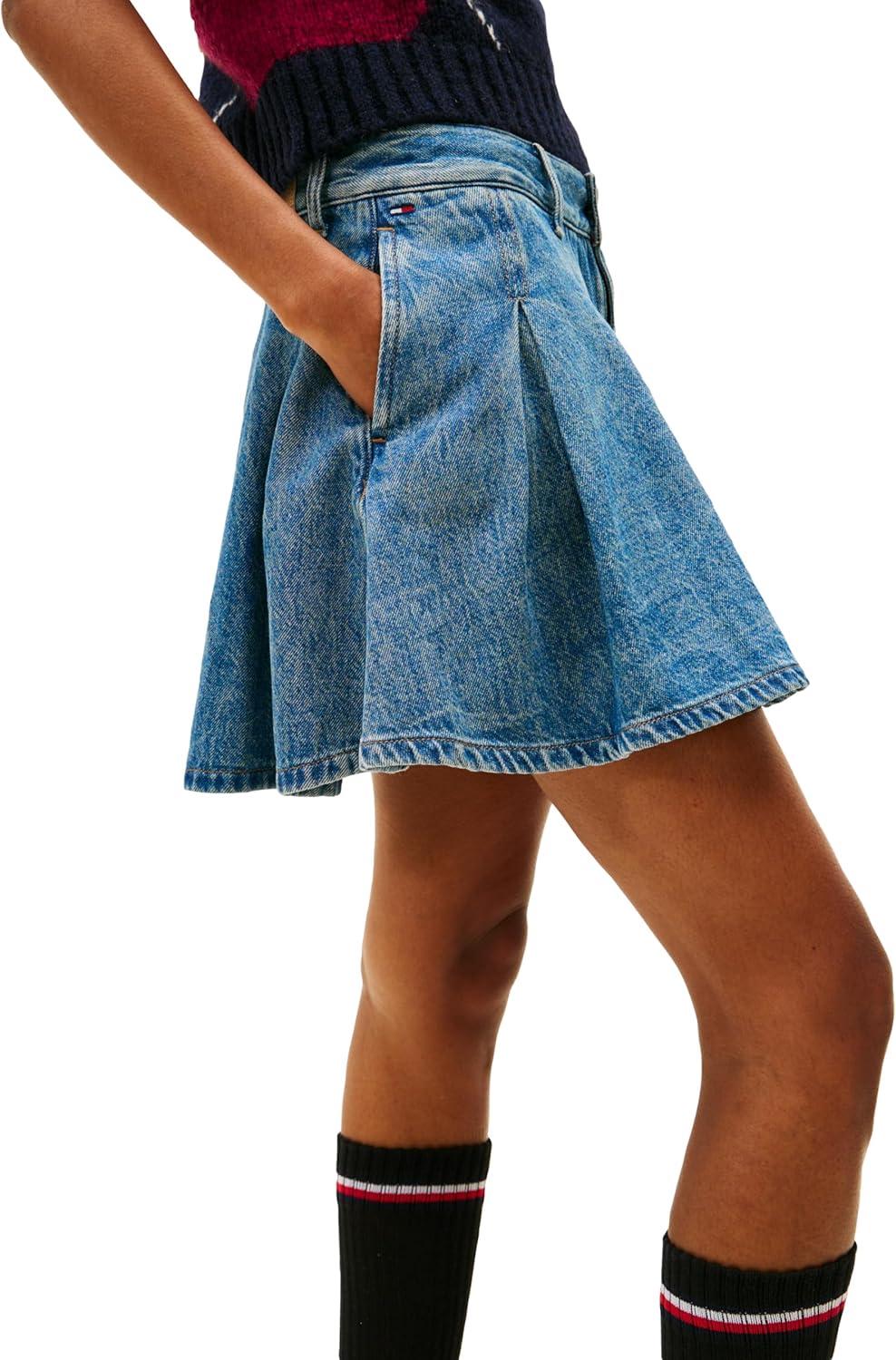 imageTommy Jeans Womens Denim Pleated Mini Skirt with Embroidered Flag LogoDenim Medium
