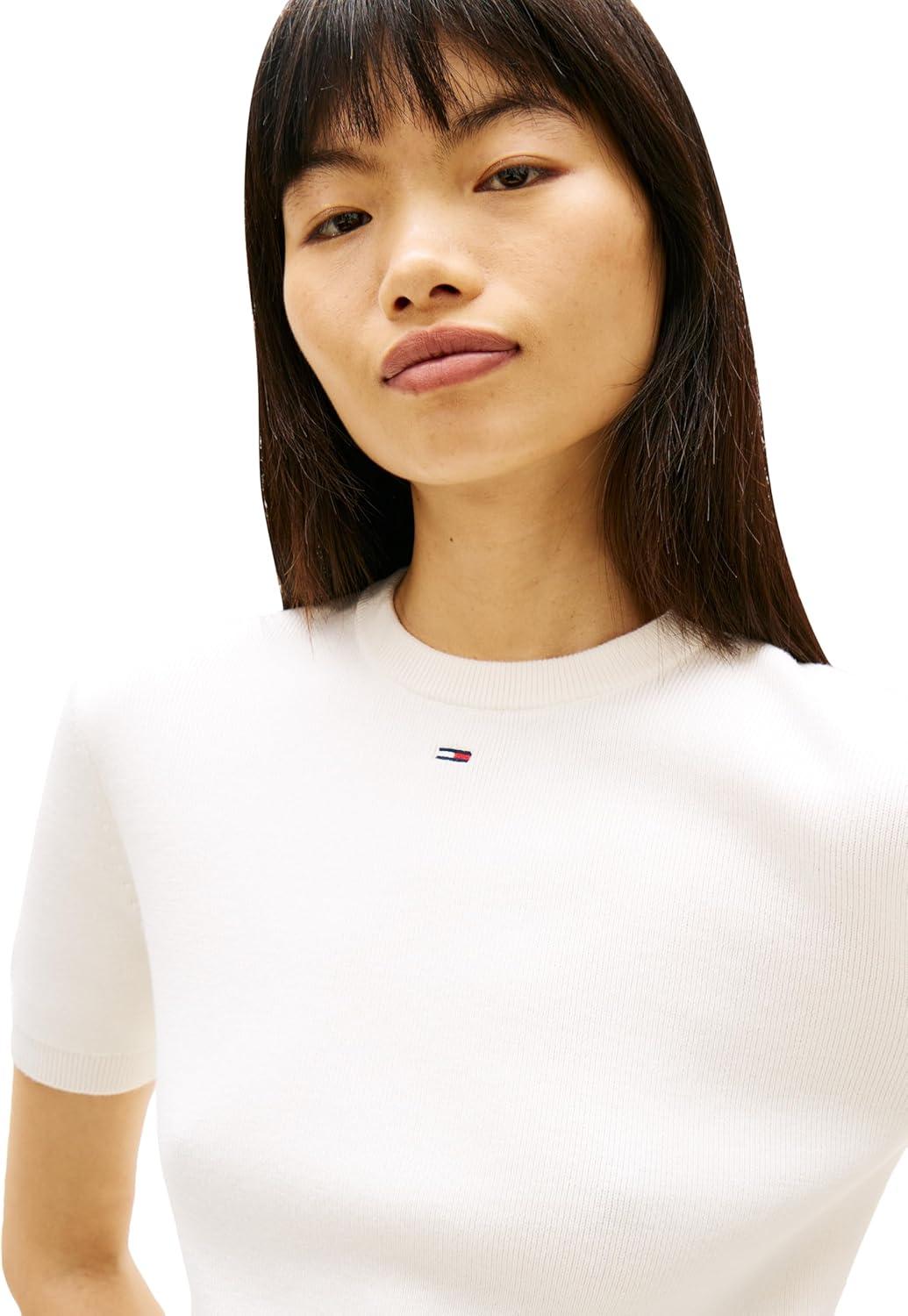 imageTommy Jeans Womens Essential Cotton Crewneck Short Sleeve Sweater with Embroidered Flag LogoAncient White
