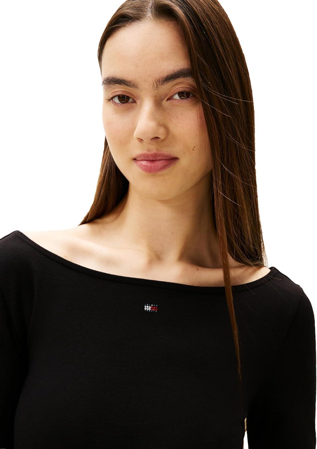 imageTommy Jeans Womens Long Sleeve Aline Dress with Rhinestone Flag LogoBlack