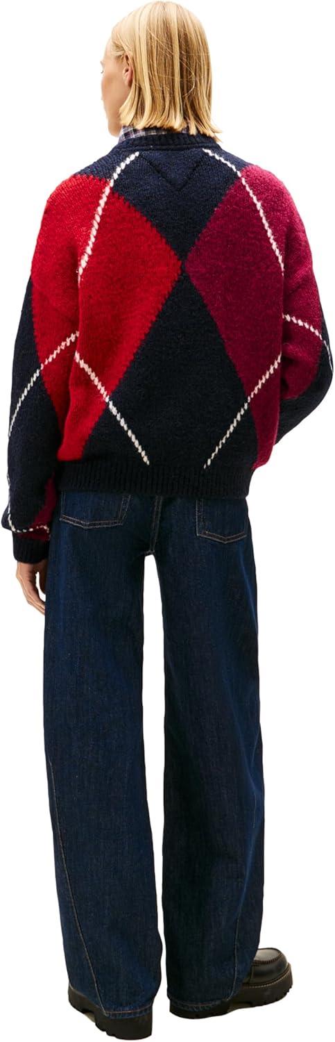 imageTommy Jeans Womens Long Sleeve Argyle Pullover Crewneck Sweater with Embroidered LogoDark Night Navy