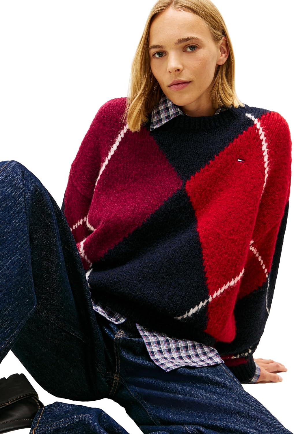 imageTommy Jeans Womens Long Sleeve Argyle Pullover Crewneck Sweater with Embroidered LogoDark Night Navy