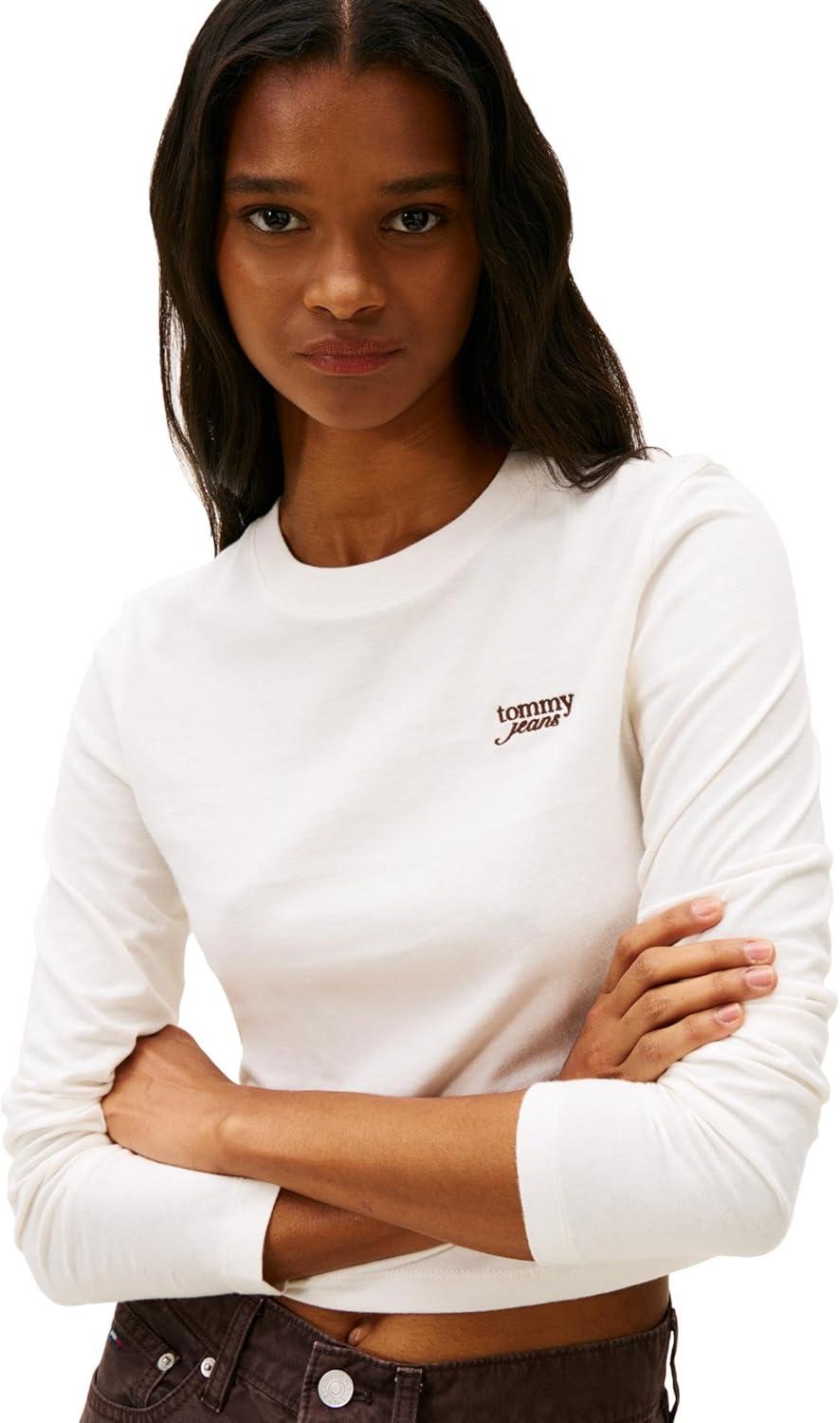 imageTommy Jeans Womens Long Sleeve Cotton Graphic TShirts with Embroidered Script LogoAncient White