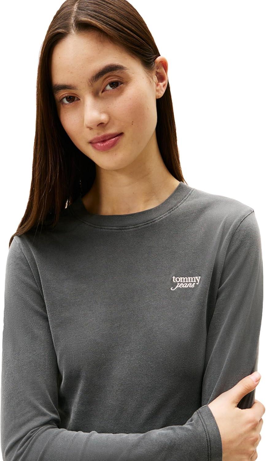 imageTommy Jeans Womens Long Sleeve Cotton Graphic TShirts with Embroidered Script LogoBlack