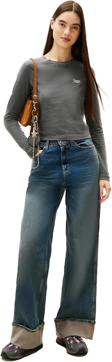 imageTommy Jeans Womens Long Sleeve Cotton Graphic TShirts with Embroidered Script LogoBlack