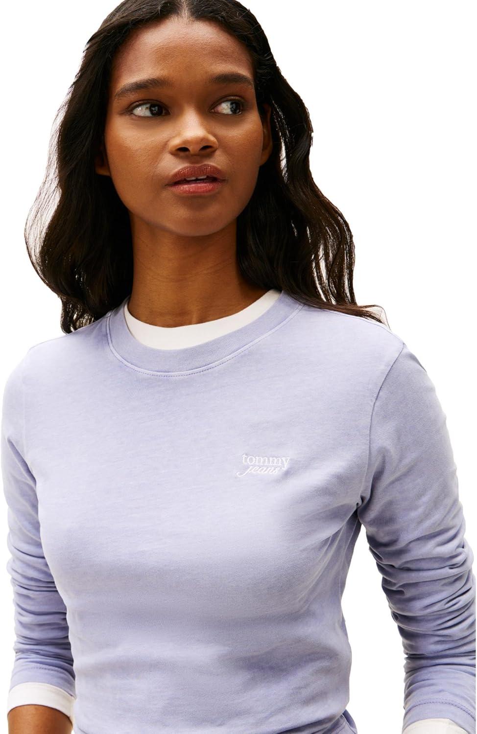 imageTommy Jeans Womens Long Sleeve Cotton Graphic TShirts with Embroidered Script LogoPeriwinkle Dusk