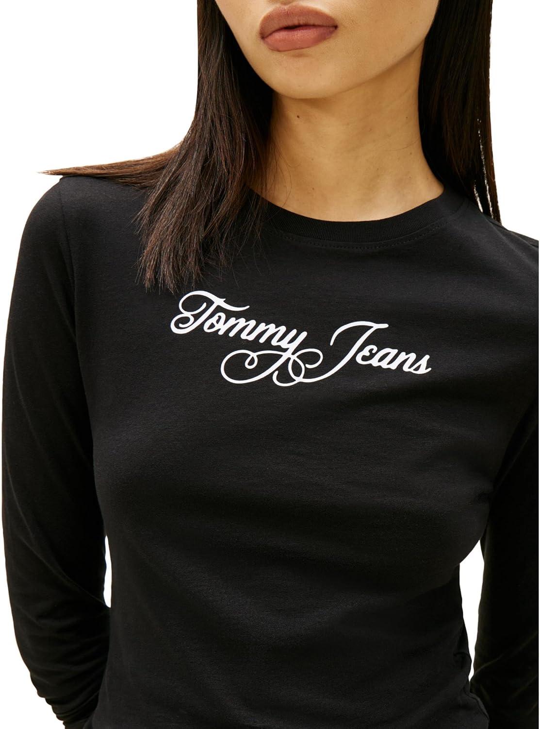imageTommy Jeans Womens Long Sleeve Cotton Graphic TShirts with Printed Script LogoBlack
