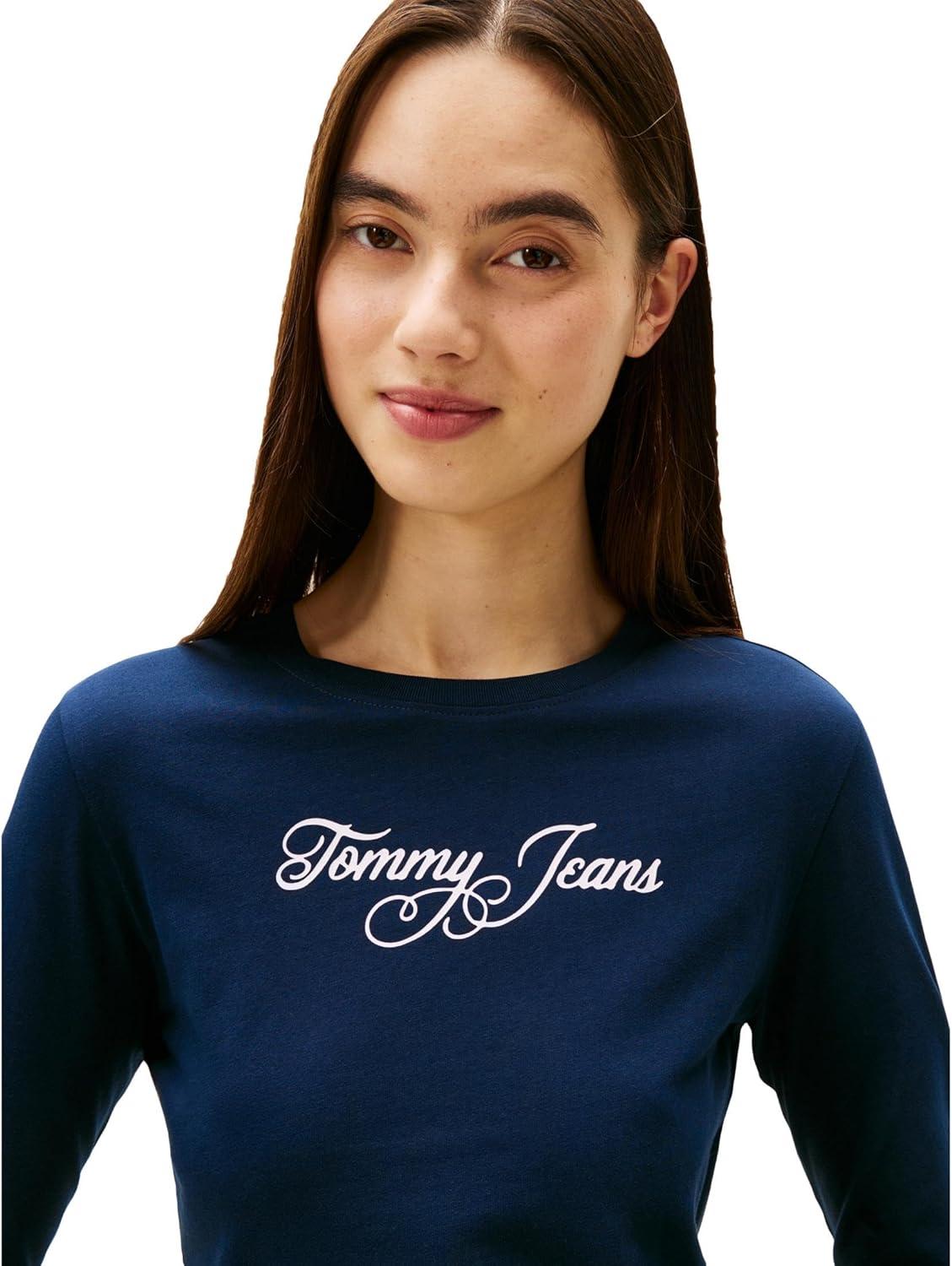 imageTommy Jeans Womens Long Sleeve Cotton Graphic TShirts with Printed Script LogoDark Night Navy