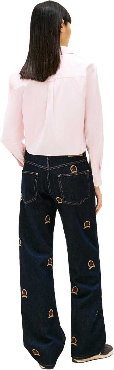 imageTommy Jeans Womens Long Sleeve Cropped Button Up Shirts with Embroidered Flag LogoLight Pink