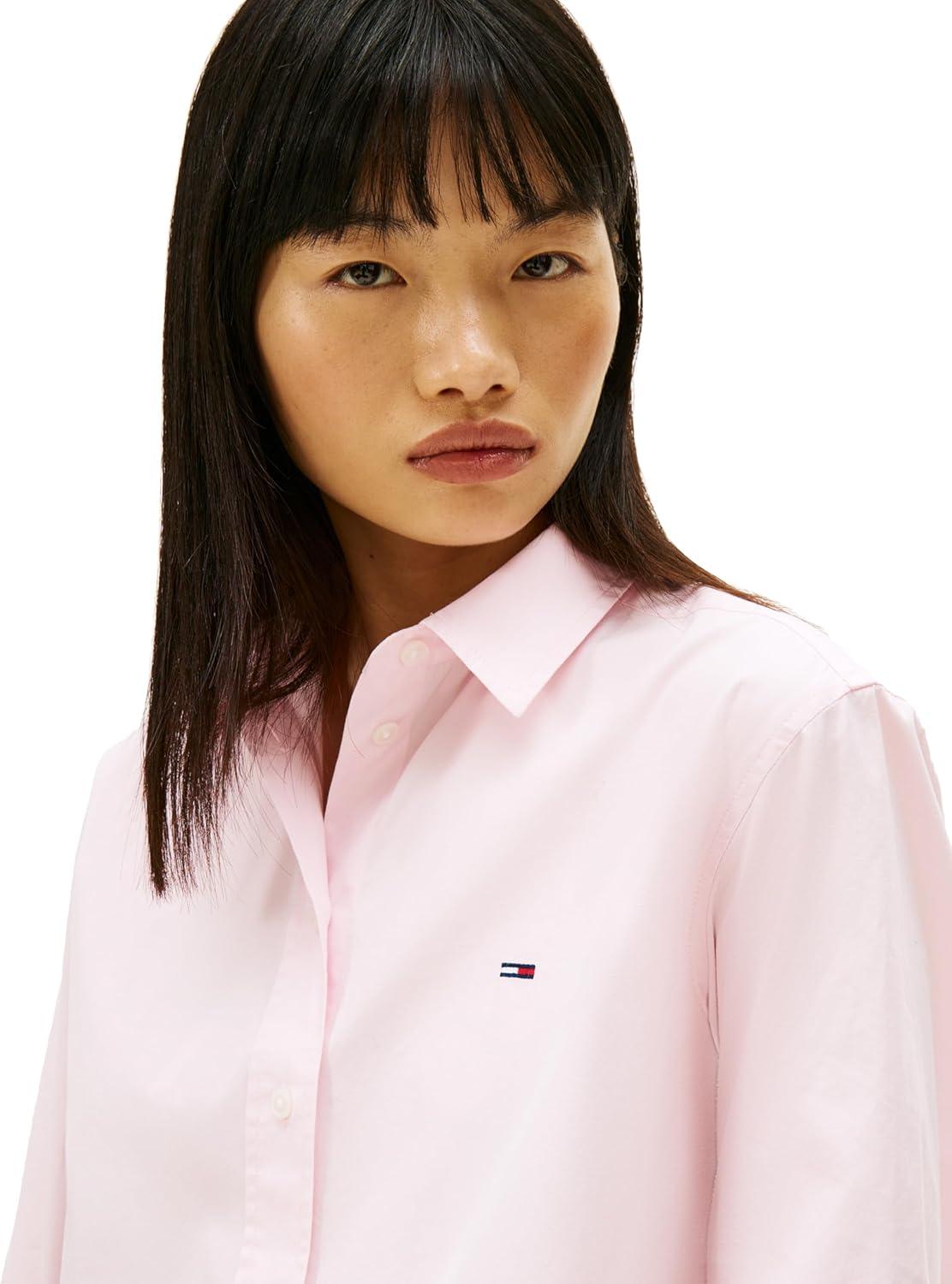 imageTommy Jeans Womens Long Sleeve Cropped Button Up Shirts with Embroidered Flag LogoLight Pink