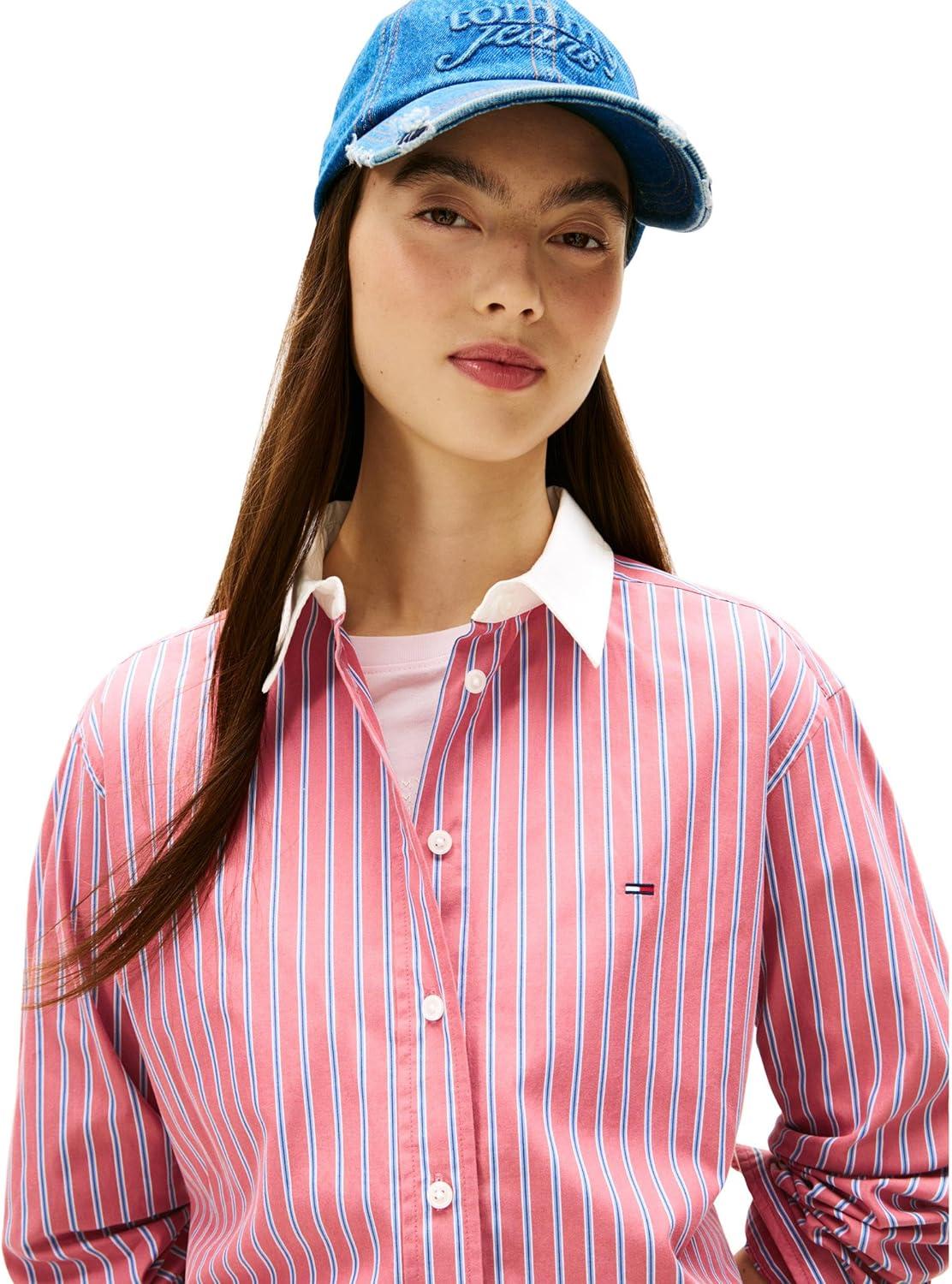 imageTommy Jeans Womens Long Sleeve Cropped Button Up Shirts with Embroidered Flag LogoRuby Dusk Multi Stripe