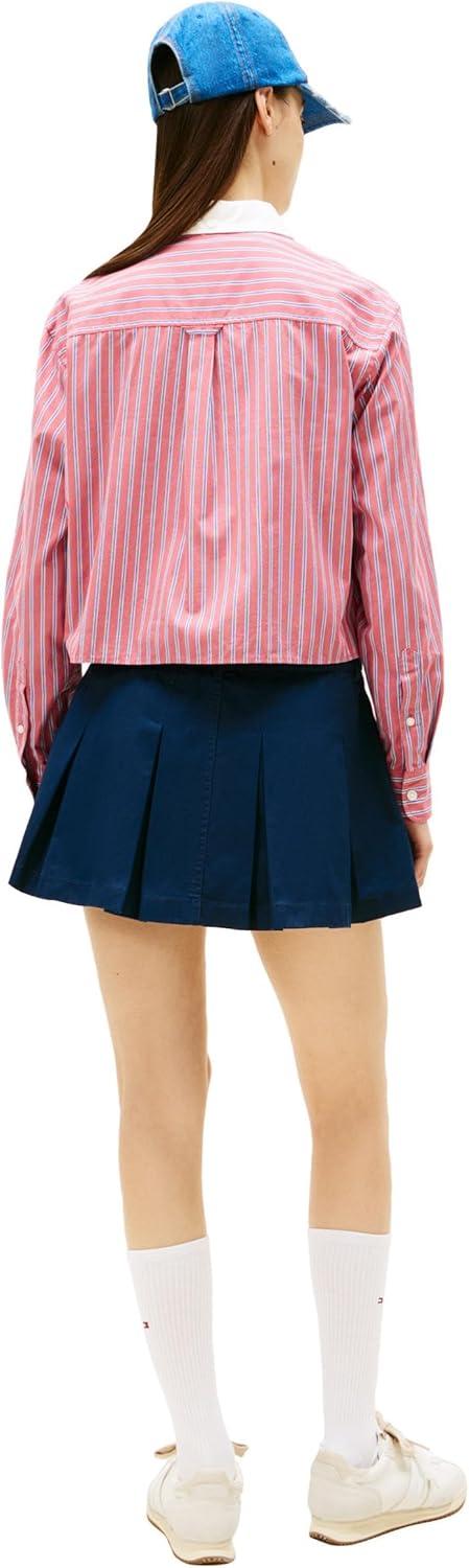 imageTommy Jeans Womens Long Sleeve Cropped Button Up Shirts with Embroidered Flag LogoRuby Dusk Multi Stripe