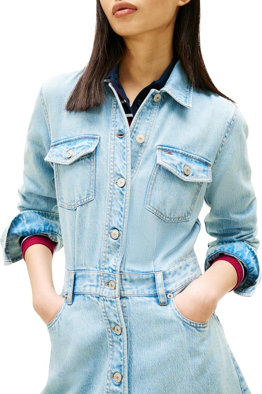 imageTommy Jeans Womens Long Sleeve Denim Trucker Mini Dress with Embroidered Flag LogoDenim Medium