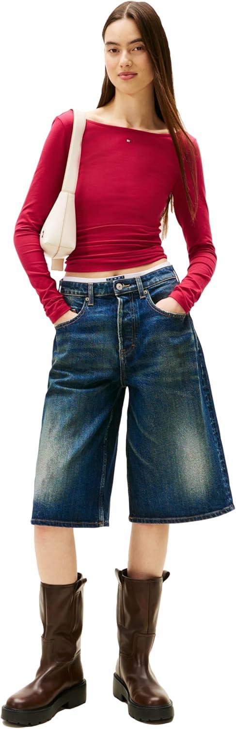imageTommy Jeans Womens Long Sleeve Graphic Tee with Rhinestone Flag Logo and Tie BackRuby Rhubarb