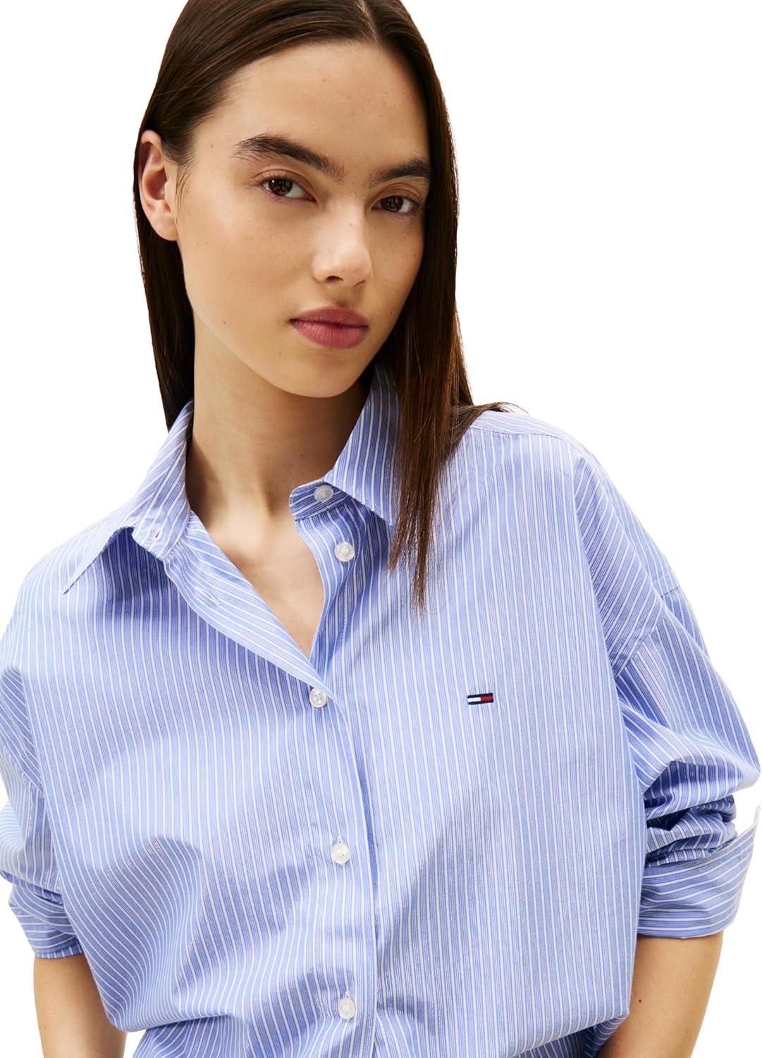 imageTommy Jeans Womens Long Sleeve Oversized Button Up Shirts with Metallic Stripe DetailLight Blue