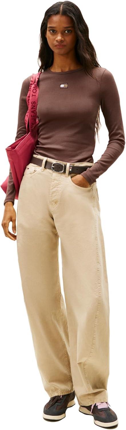 imageTommy Jeans Womens Long Sleeve Ribbed Graphic Tee with Embroidered Flag DetailBlack Walnut