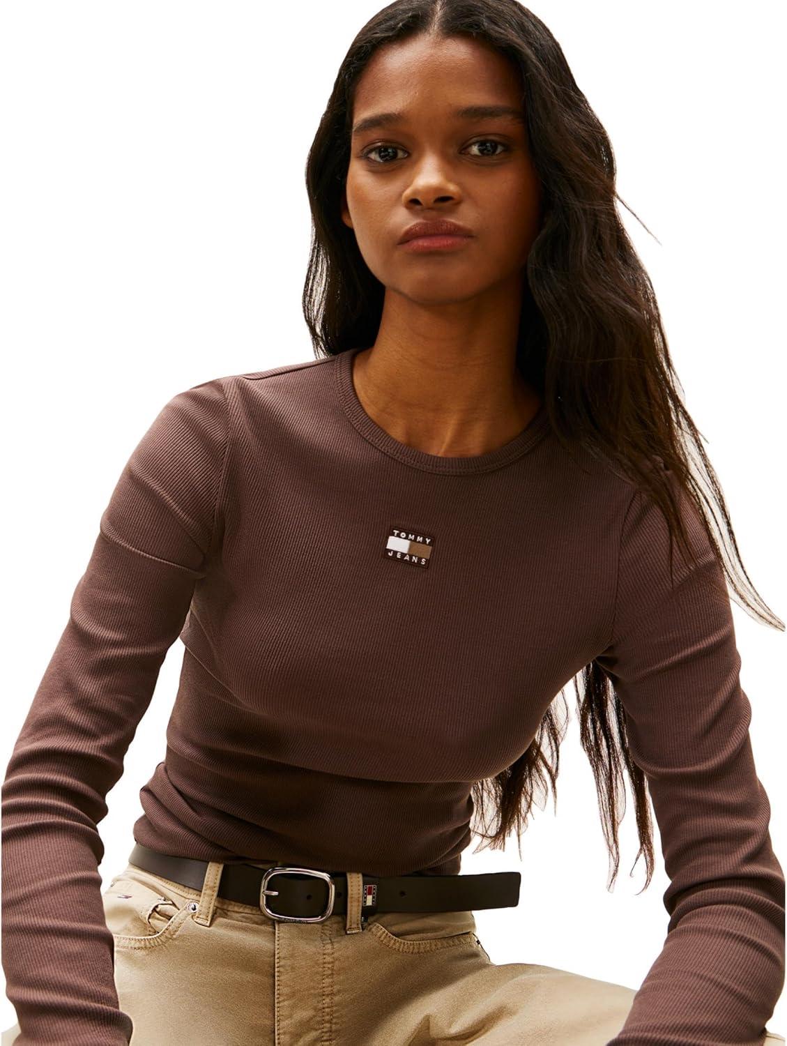 imageTommy Jeans Womens Long Sleeve Ribbed Graphic Tee with Embroidered Flag DetailBlack Walnut