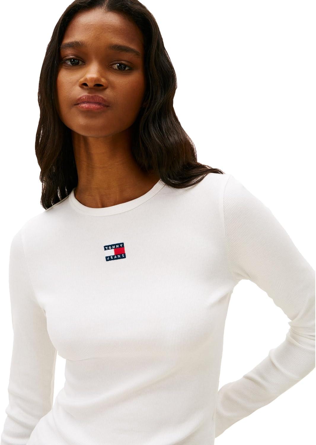 imageTommy Jeans Womens Long Sleeve Ribbed Graphic Tee with Embroidered Flag DetailEcru