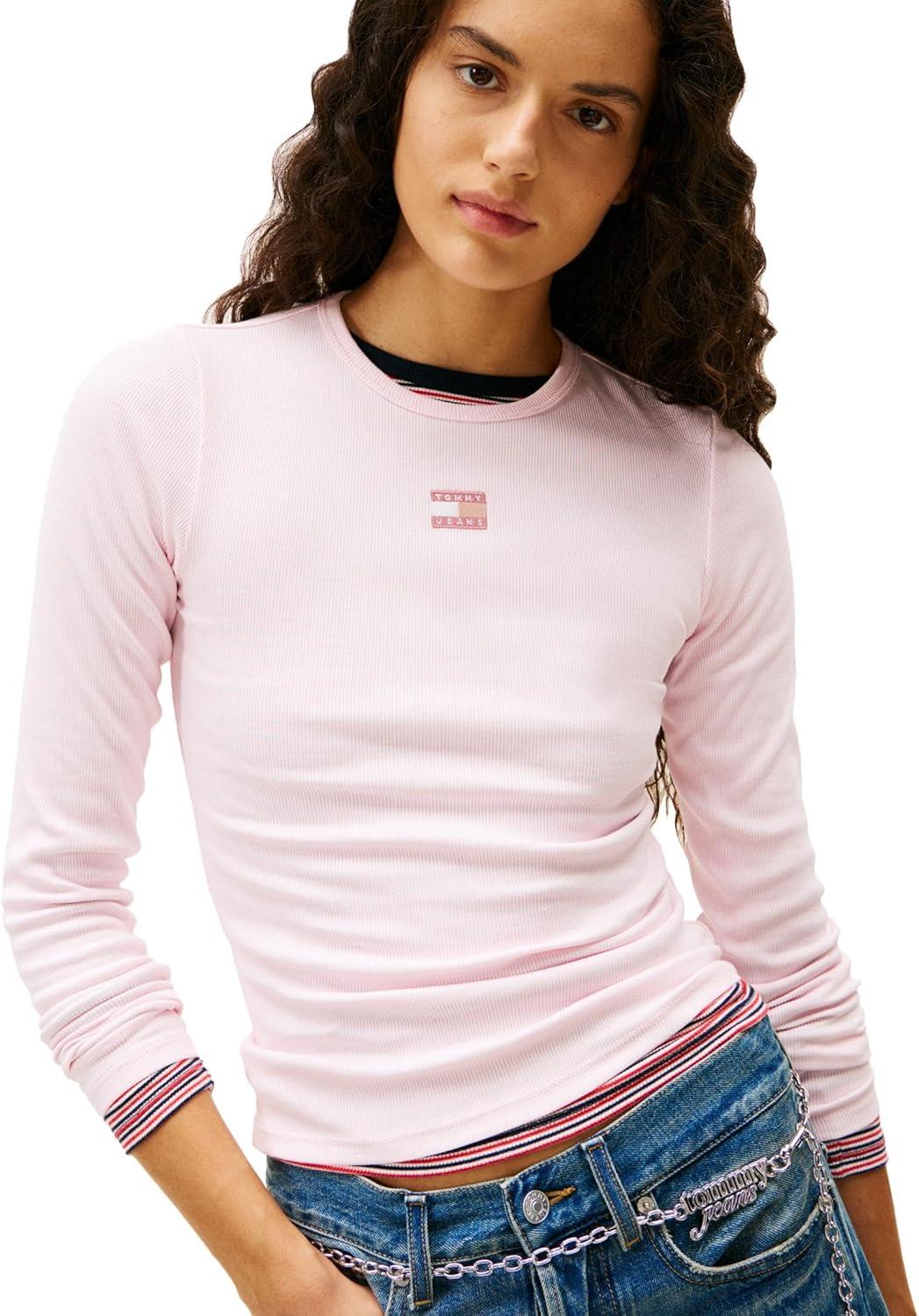 imageTommy Jeans Womens Long Sleeve Ribbed Graphic Tee with Embroidered Flag DetailLight Pink