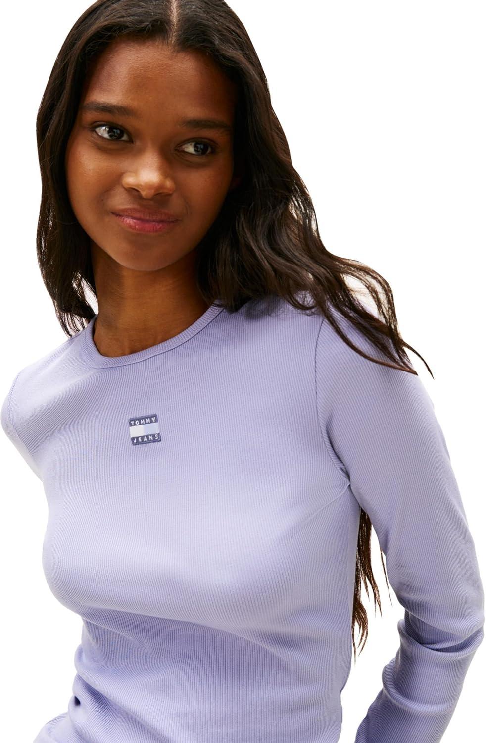imageTommy Jeans Womens Long Sleeve Ribbed Graphic Tee with Embroidered Flag DetailPeriwinkle Dusk