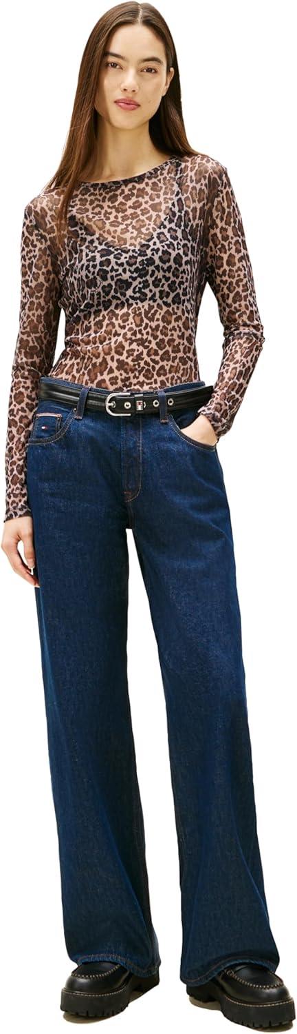 imageTommy Jeans Womens Long Sleeve Slim Fit Printed Mesh TopLeopard