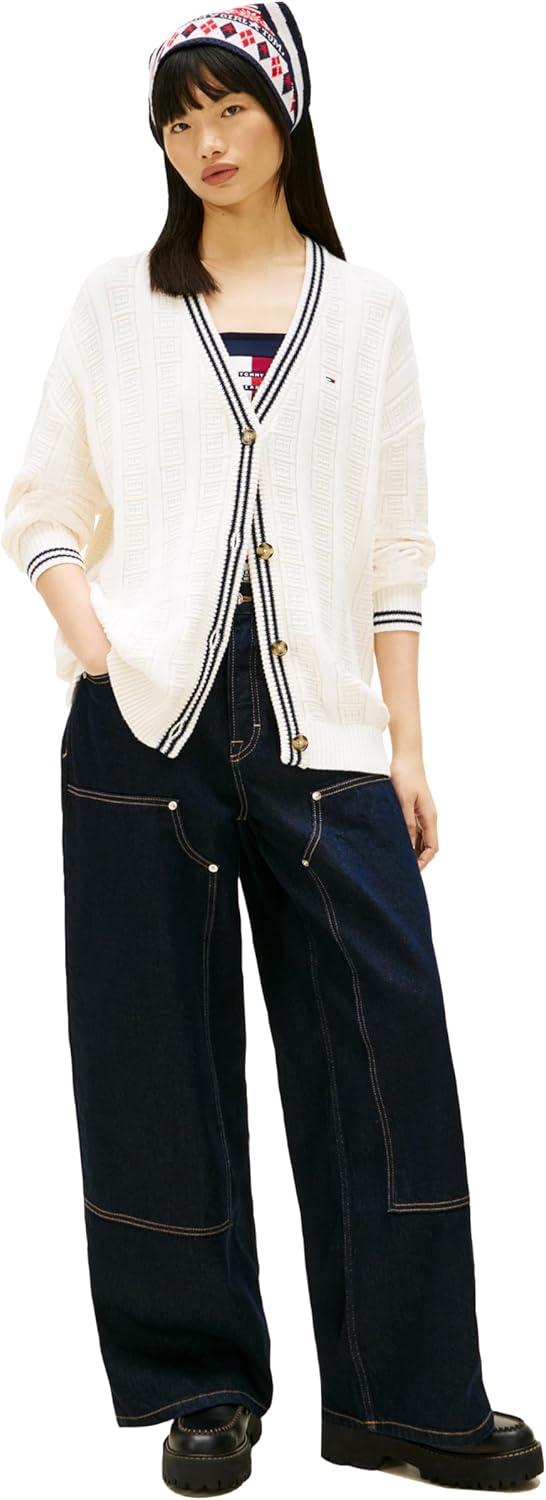 imageTommy Jeans Womens Medium Weight Cotton Cable Cardigan with Knit Flag PrintAncient White
